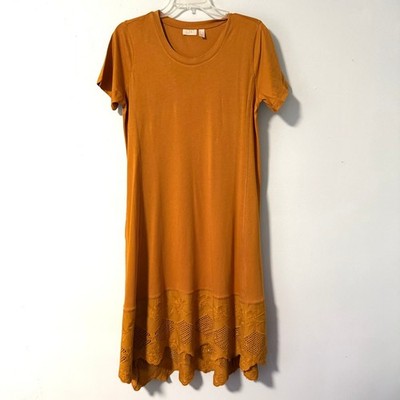 LOGO Lavish Lori Goldstein Midi Dress Mustard Yellow Eyelet Lace Hem Pocket S