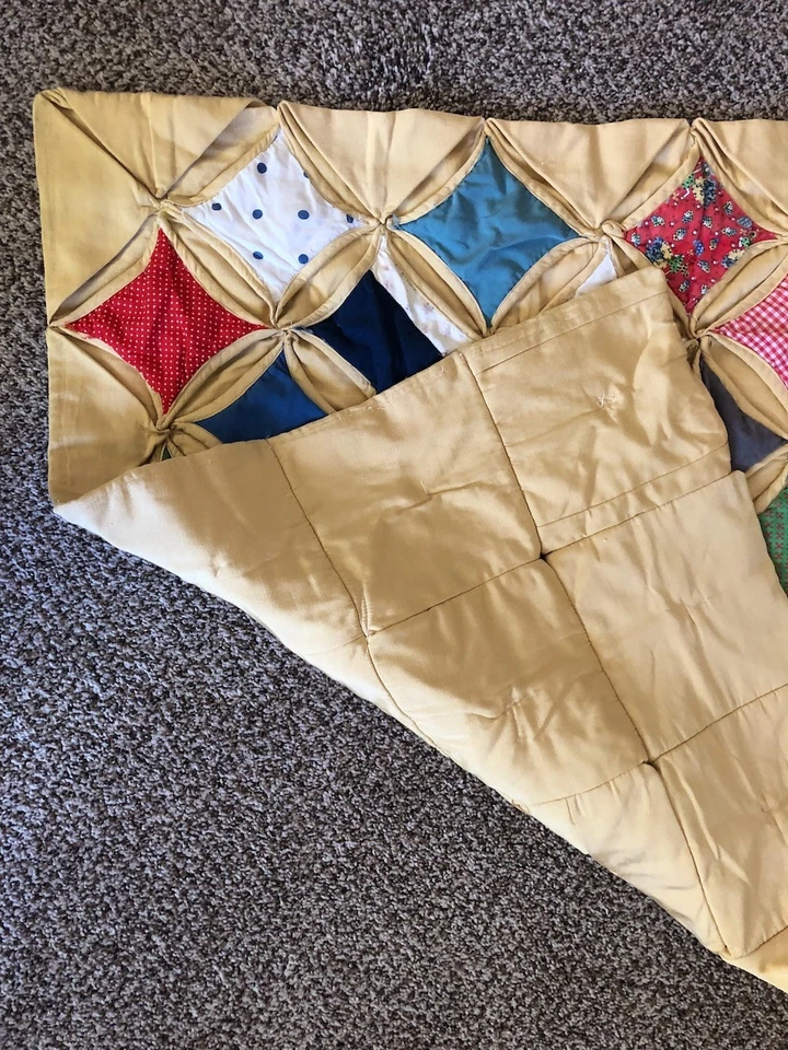 Vintage Cathedral Window small Quilt 3D stained glass 37x35 fabric study - Image 3 of 4