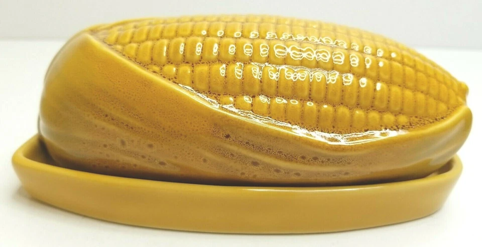 Pottery Barn Corn On The Cob Yellow Lidded Maize Butter Dish Glass Stoneware - Image 2 of 4