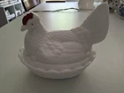 Milk Glass White Hen on Nest Figurine with Red Comb Decorative Vintage Animal