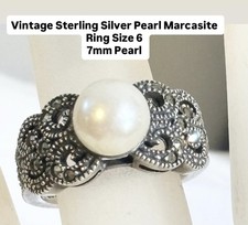 Vintage Sterling Pearl Marcasite Ring Size 6