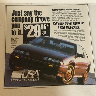 1987 USA Rent A Car Vintage Print Ad pa51