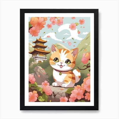 Kawaii Cat Drawings Hiking 2 Art Pr Framed Wall Art Poster Canvas Print Picture