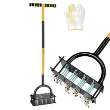 Manual Lawn Aerator Tool with 16 Steel Spikes, Adjustable T-Handle Hand