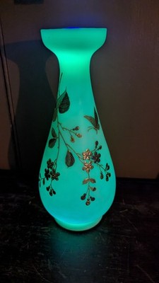 VTG Uranium Glass White Opaline Vase Victorian Hand Painted Gold Floral Glows 2