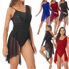 Women Lyrical Dance Dress Shiny Sequins Dress Spaghetti Strap Leotard Dancewear