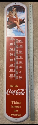 Vintage Coca Cola Metal Sign Thermometer Winter Scene - Thirst Knows No Season
