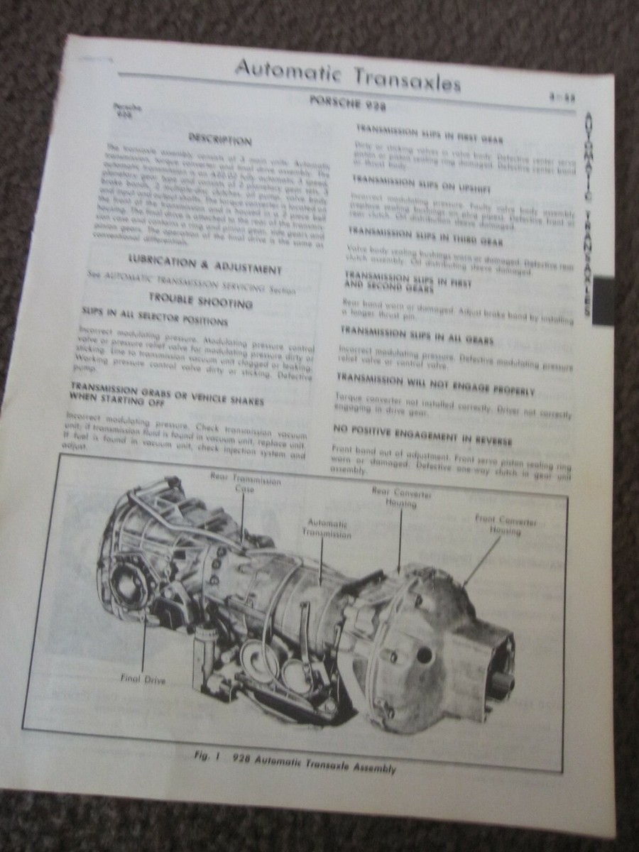 PORSCHE 928 3 SPEED AUTOMATIC TRANSAXLE TRANSMISSION SERVICE GUIDE