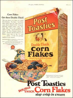 1925 great old AD POST TOASTIES CORN FLAKES Breakfast Cereal Double thick  01220