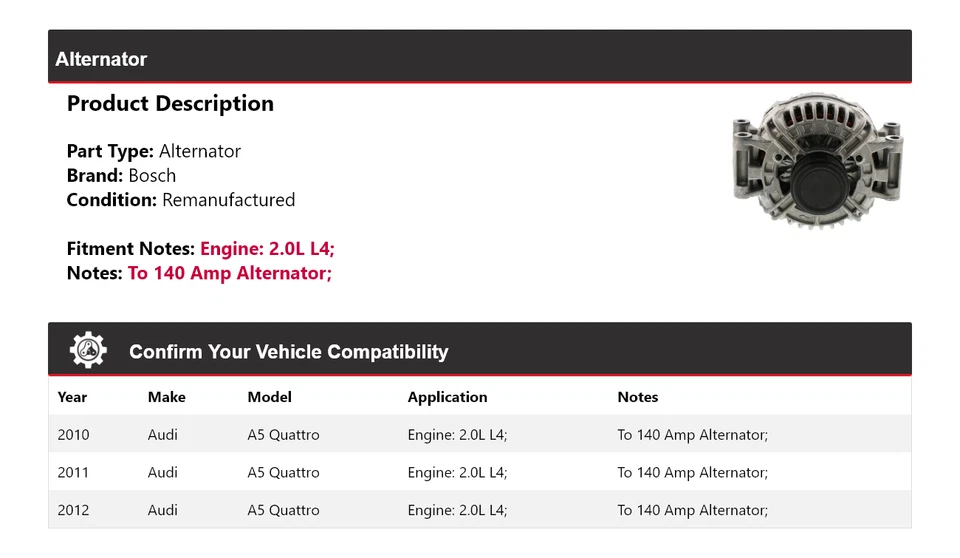 Alternador Bosch (Remanufaturado) 2011 para 2010-2012 Audi A5 Quattro 2.0L L4 - Imagem 2 de 4