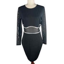 BEBE EMBELLISHED TRIM MESH LONG SLEEVE BODYCON DRESS IN BLACK NWT WOMEN'S LARGE