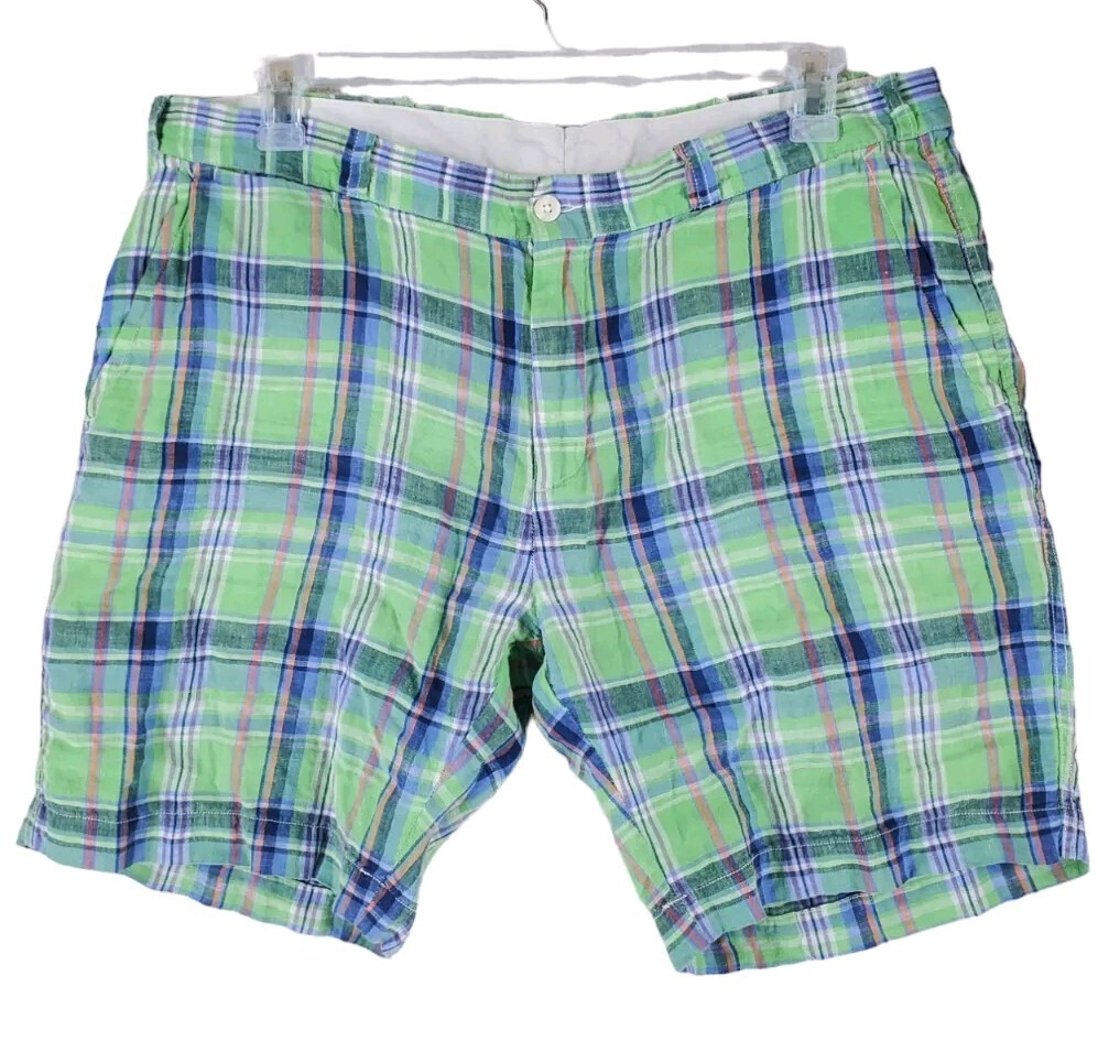 Vtg Polo Ralph 100% Linen Golf Shorts Mens 38x8.5 Plaid Green Blue Beach Preppy