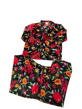 Natori Womens Satin Lounge Pajamas Set Red Floral Medium
