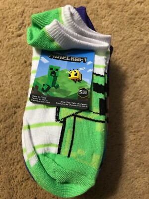 MINECRAFT No Show Socks Kids Socks Size 10-4 Green White Assted Colors 5 Pr 