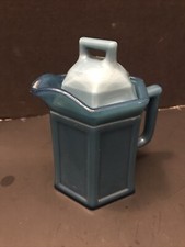 EARLY Antique AKRO AGATE CREAMER , opaque marbled blue Lidded 5  x 5 Children  s