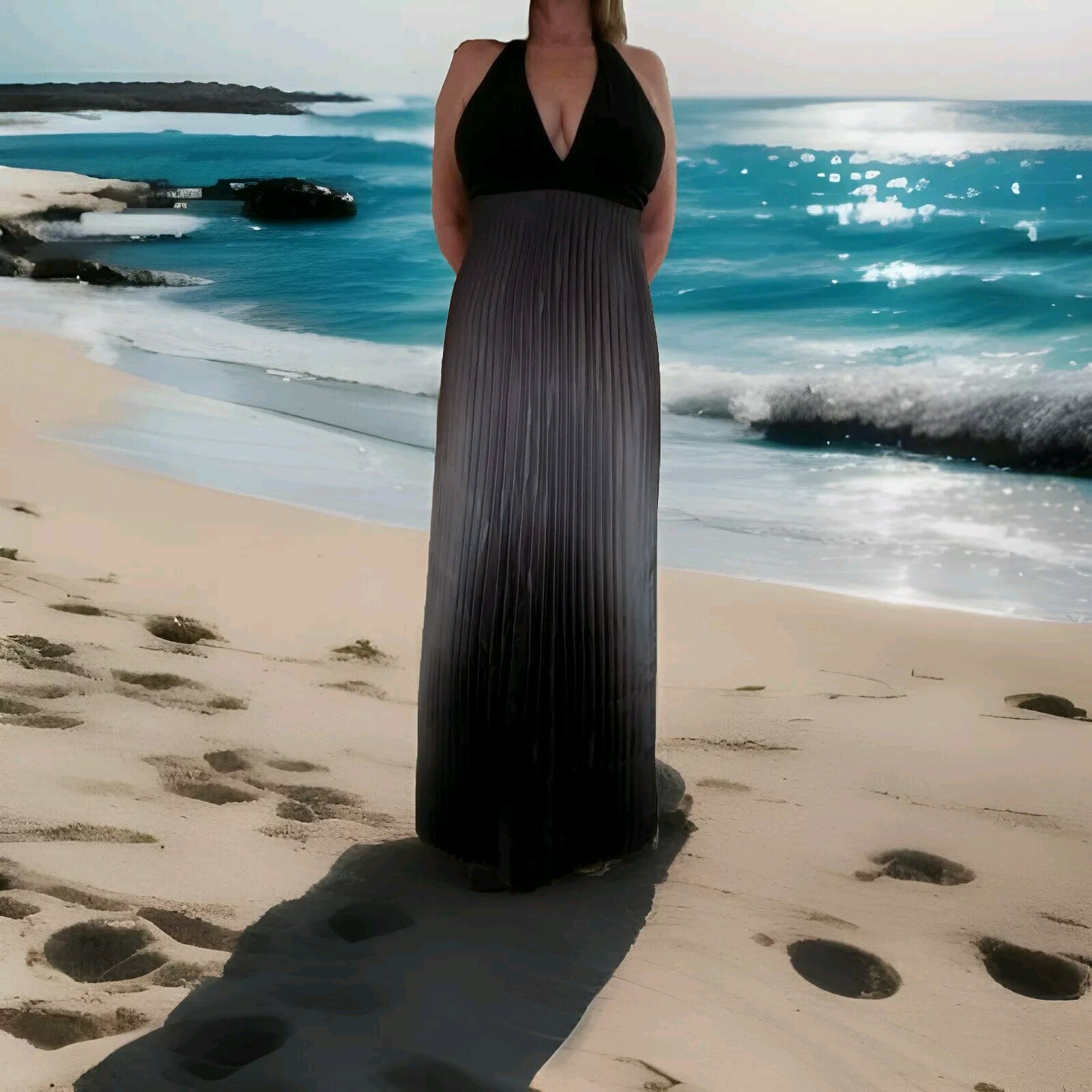 48 % DESCUENTO Ombre Azul Plata Satén Halter Vestido de Noche Betsy & Adam Talla 8