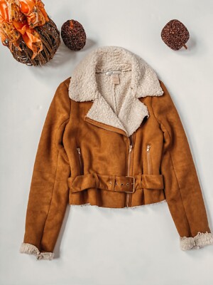 Women's Tan Suede Jacket With Sherpa Lining, Zipper, and Belt