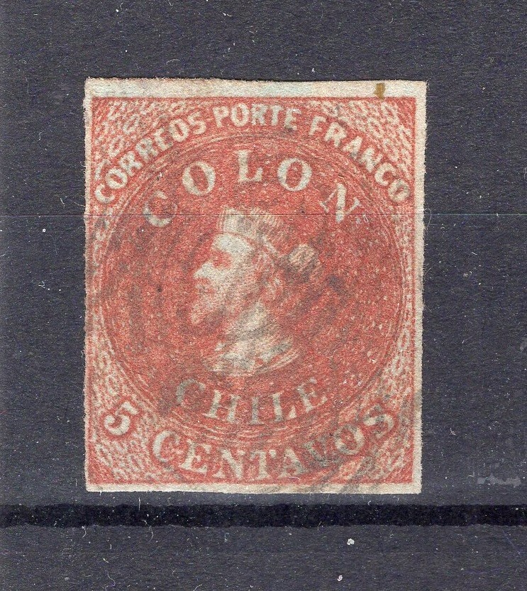 CHILE 1853 First London printing 5c blue head 4 margins SOFICH 1 wmk. 4 LO