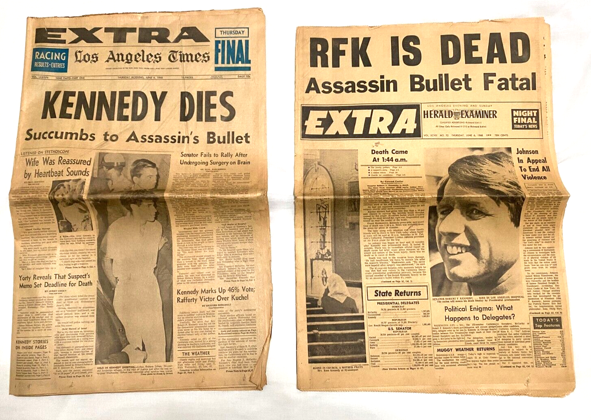 Two 1968 June 6 Los Angeles Newspaper Sections RFK IS DEAD Kennedy