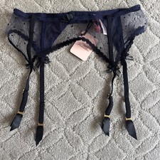 Agent Provocateur Black Purple Suspender Belt Bow Polka Dot Size 4 Garter New
