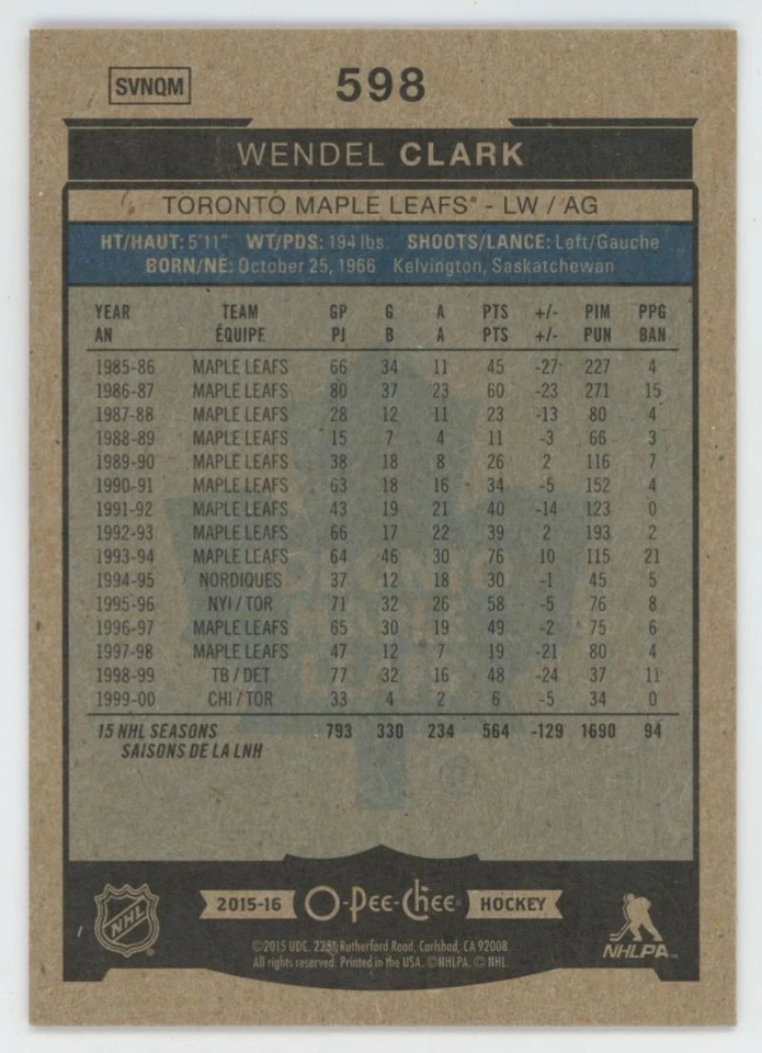 2015-16 O-PEE-CHEE Wendel Clark #598 MARQUEE LEGEND RED BORDER - Image 2 of 2