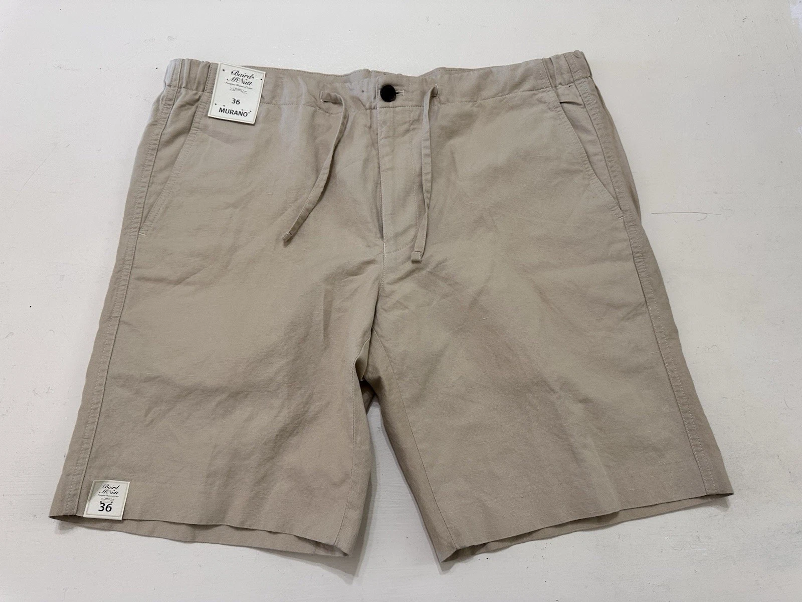 Men’s NWT Baird Mcnutt Murano Linen Blend Drawstring Flat Front Beige Shorts 36