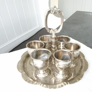 Vintage Brama Possibly Silver Plated Set Of 6 Egg Cups & Metal Tray. See Notes.