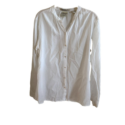 Maison Scotch Women s White Striped  Sheer Button-Up Shirt Collar Cotton Size 10