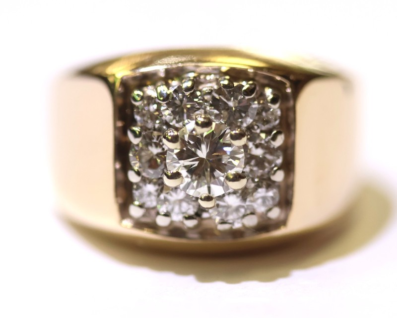 GIA 14k yellow gold 1.15ct SI1 K natural round diamond cluster mens ring 10.5g