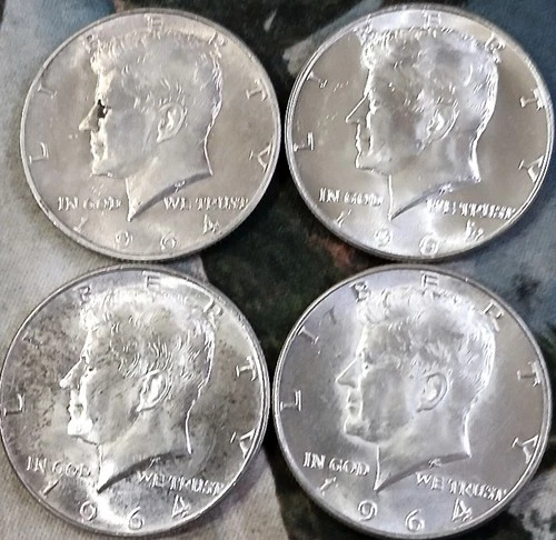 1964 Kennedy Half Dollars - 4 ea - 90% Silver - About Uncirculated - AU