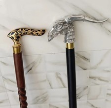 Set of 2 Vintage Wooden Walking Sticks Brass Floral Dragon Head Handle Canes