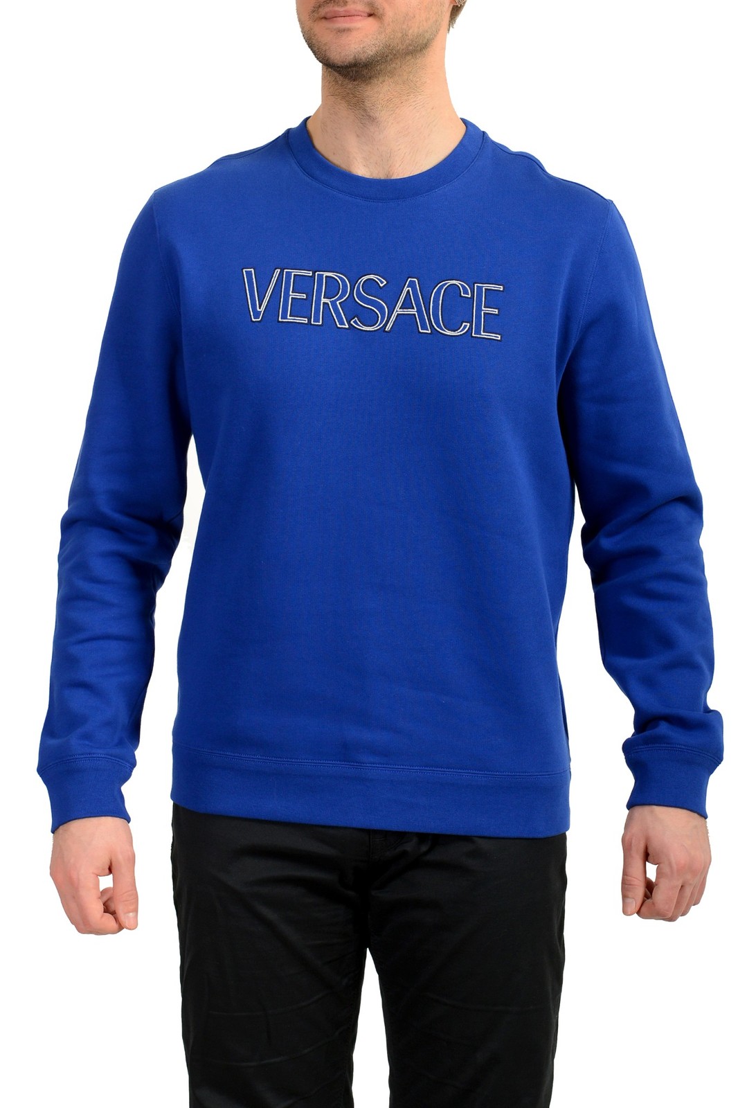 Мужская флисовая толстовка с круглым вырезом и принтом с логотипом Versace королевского синего цвета US S IT 48 45190₽