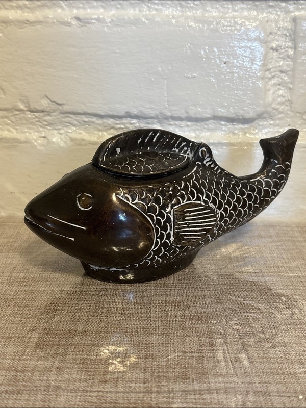 Vintage Brown Coated Brass Decorative Coi/Fish Hinged Lid Distressed