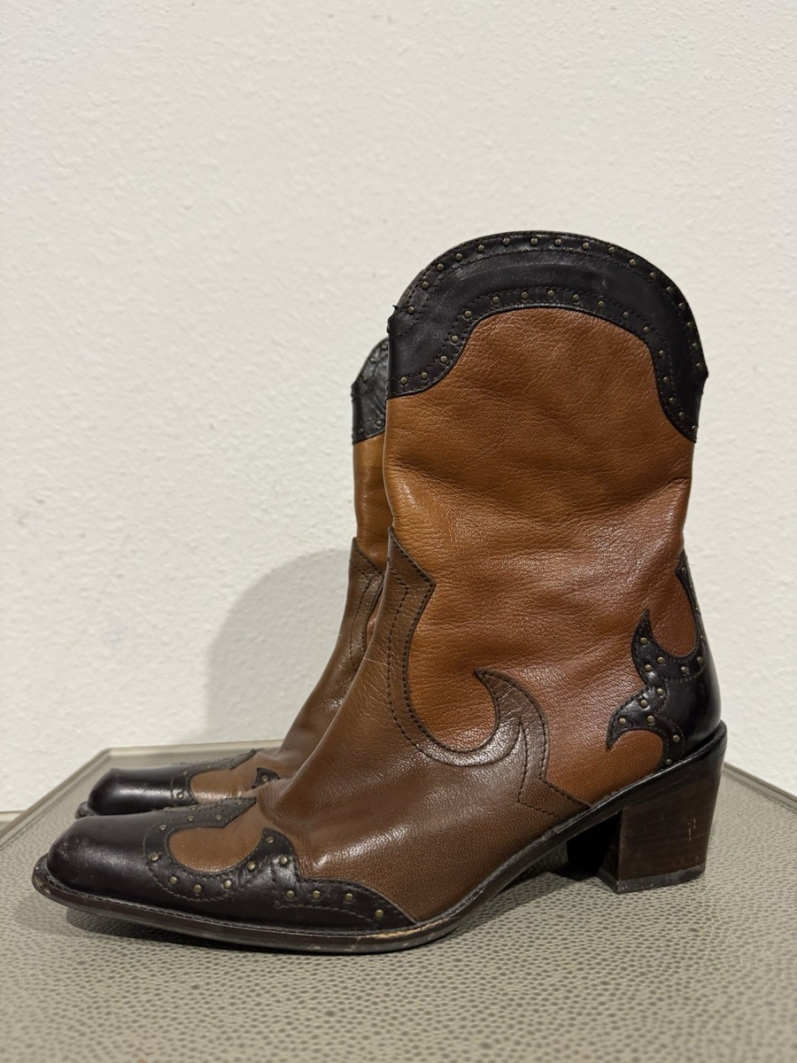 STUART WEITZMAN Western Cowboy Boots 7.5M Tri Tone Brown Studs