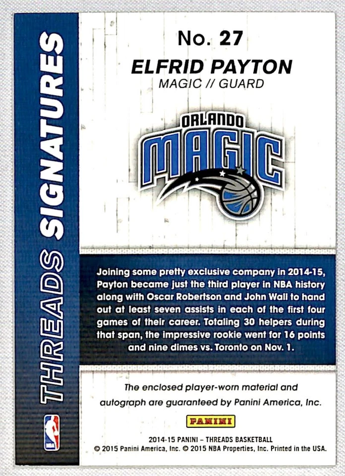 2014-15 Panini Threads Signatures Elfrid Payton Rookie Jersey /249 #27 Orlando - Image 2 of 2