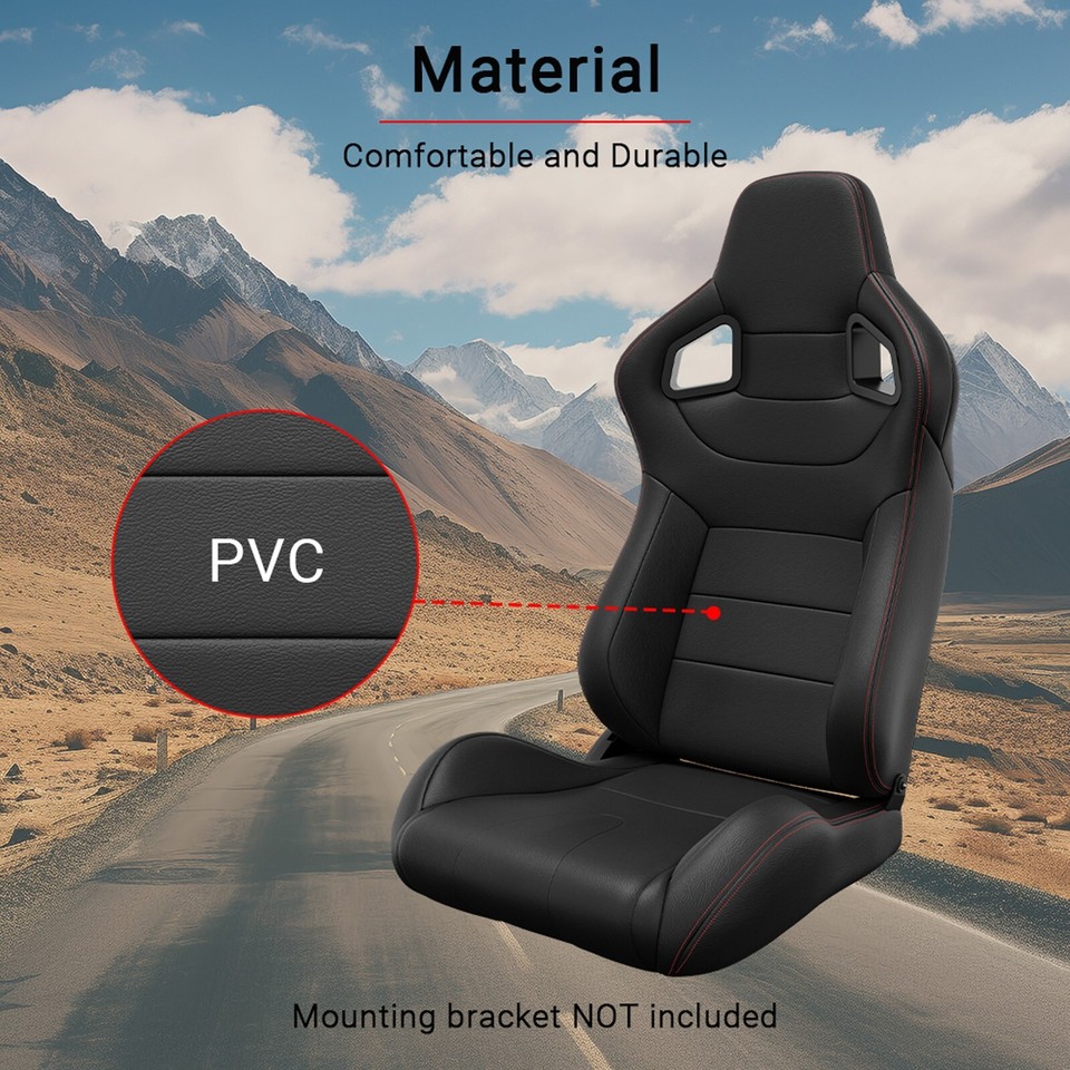 2-Pack Universal Racing Seats – Adjustable PVC Leather Bucket Seats With Sliders – Black