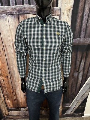 Fred Perry Long Sleeve Green Navy & White Plaid Button Up Shirt Size XS