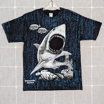 Yazbek Manzanillo Mexico Shark Shirt Mens Large Blue Ocean All Over Print Y2K