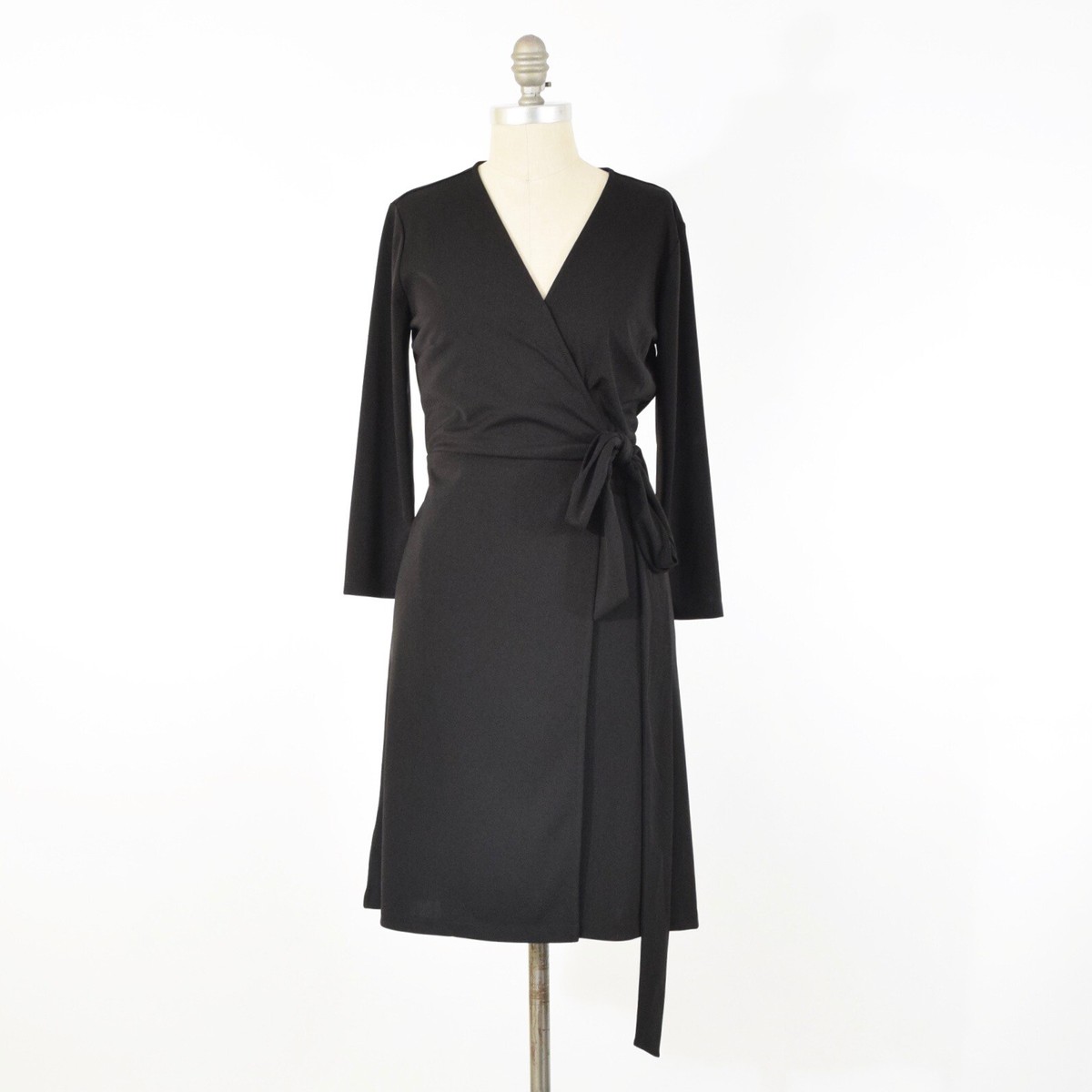 Ann Taylor Dress 4 Black Draped Jersey Long Sleeve Tie-Waist Wrap Cocktail
