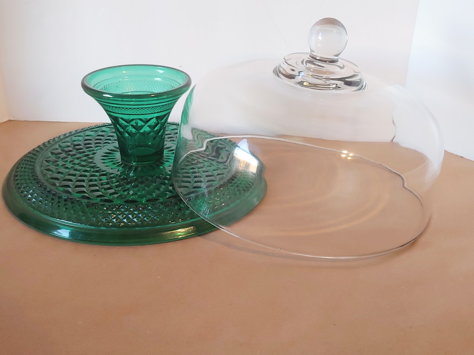Vtg Anchor Hocking Wexford Green Cake Plate Stand Dome Cloche Punch