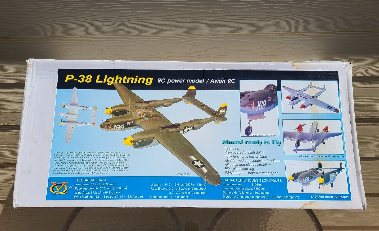 VQ P-38 Lightning ARF Balsa RC Model Airplane Kit 83in Wingspan 40-70 Engine