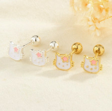 Tiny Silver/Gold Pink Star White Hello kitty Cat Ball Stud Earrings
