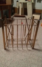Vintage Metal Brass Look Wood Handle Mid Century Magazine Rack Record Holder