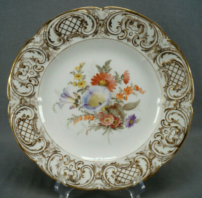 KPM Berlin Hand Painted Floral Relief Molded Gold Scrollwork 10 1/2 Inch Plate E