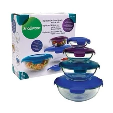 Snapware 8 Piece Nesting Glass Mixing Bowls Food Storage 4 Bowls 4 Lids NEW
