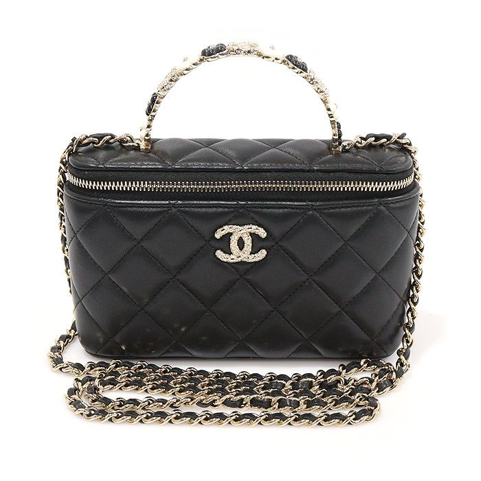 CHANEL AP3576 Black Lamb Camellia Flower Top Handle Vanity Case