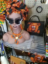 African Print Headwrap, Necklace  Lion Design Handbag Set