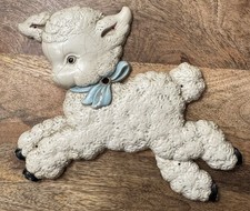 Vtg MCM Chalkware Lamb Wall Plaque Baby Nursery Decor 1950s Blue Bow Sheep READ