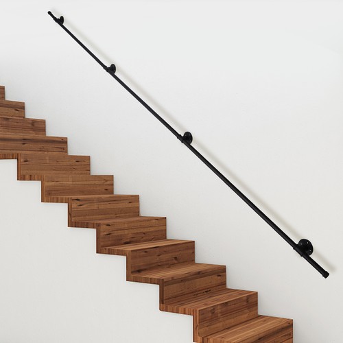 Wall Support Industrial Black Iron Loft Pipe Handrail for Stairs,Rustic Black - Picture 3 of 14