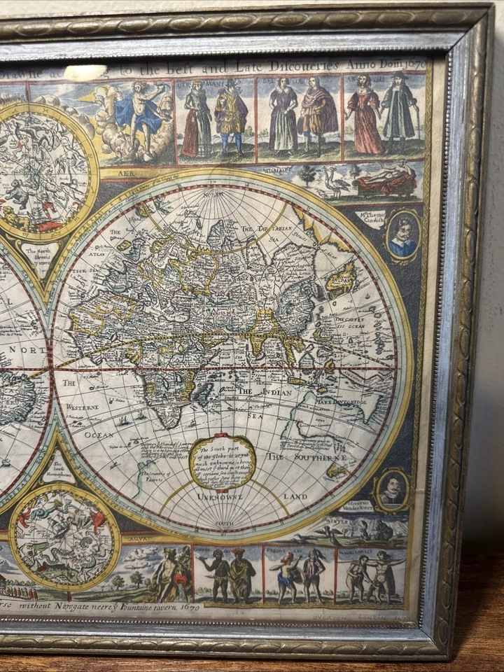ANTIQUE WORLD MAP SIGNED OVERTON LONDON 1670 COLORED PRINT VINTAGE 17” x 13” - Image 3 of 4